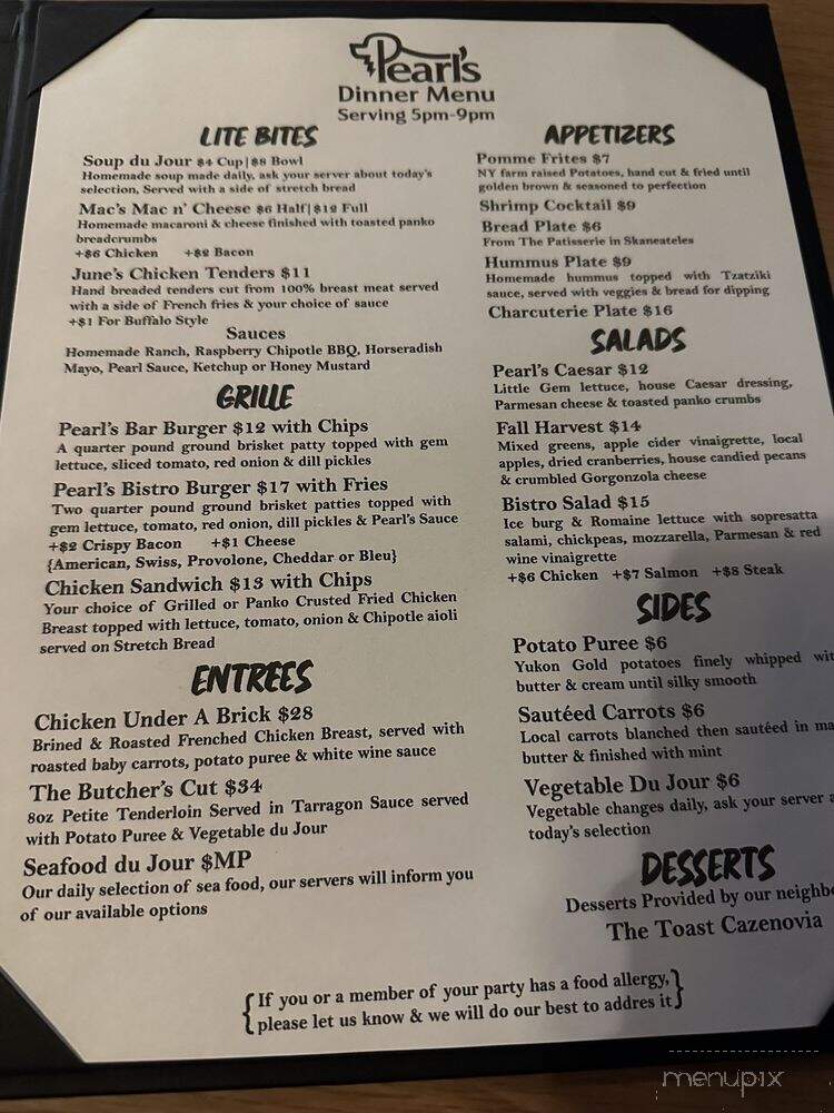 Pearl's Bar & Bistro - Cazenovia, NY menu_pic