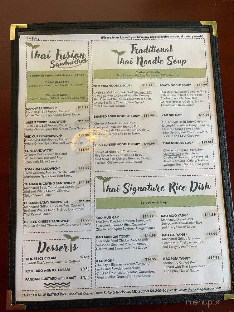 Thai Cottage Bistro - Rockville, MD menu_pic