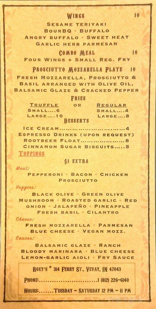 Roxy's - Vevay, IN menu_pic
