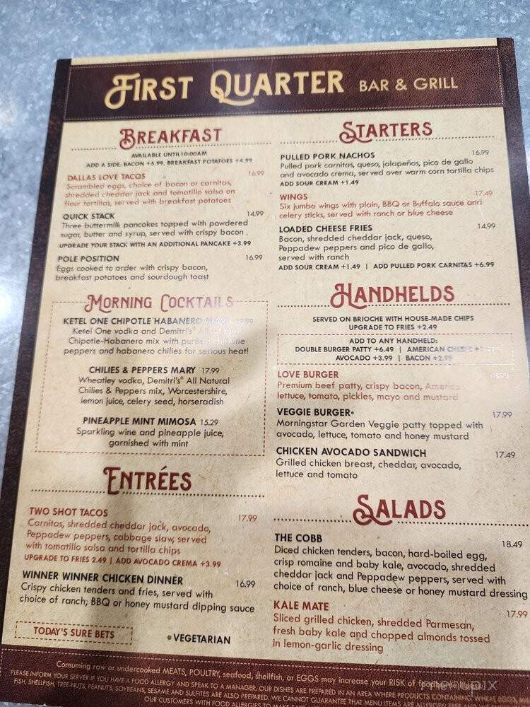 First Quarter Bar & Grill - Dallas, TX menu_pic