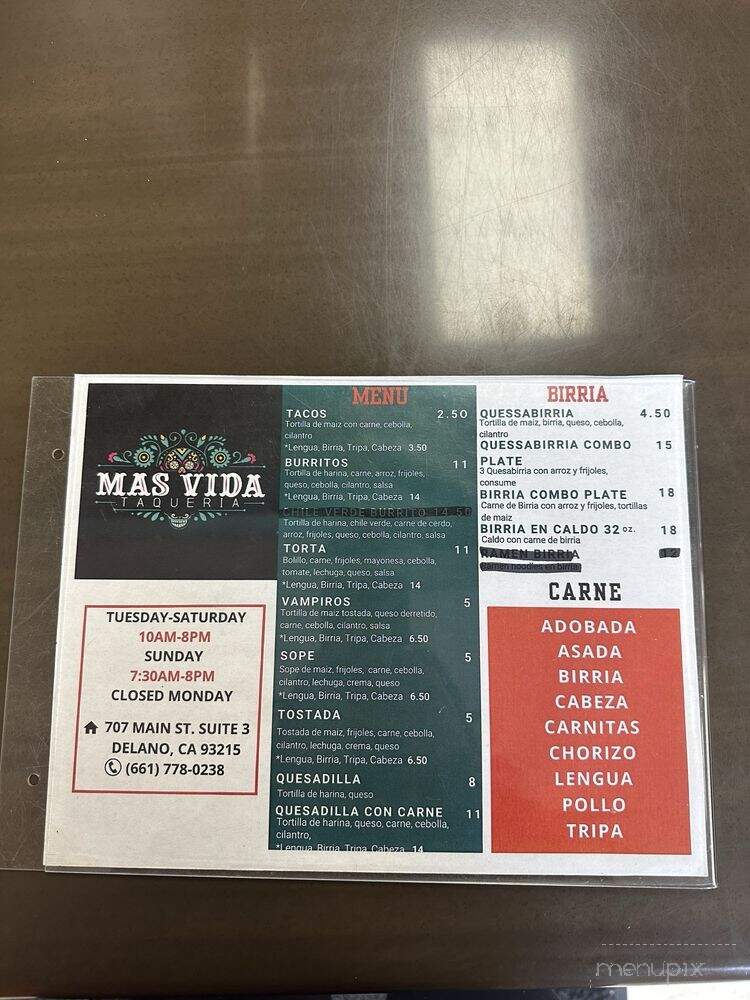 Mas Vida Taqueria - Delano, CA menu_pic