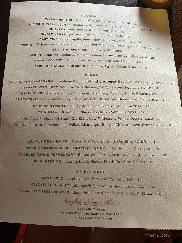 Lowland Tavern - Charleston, SC menu_pic