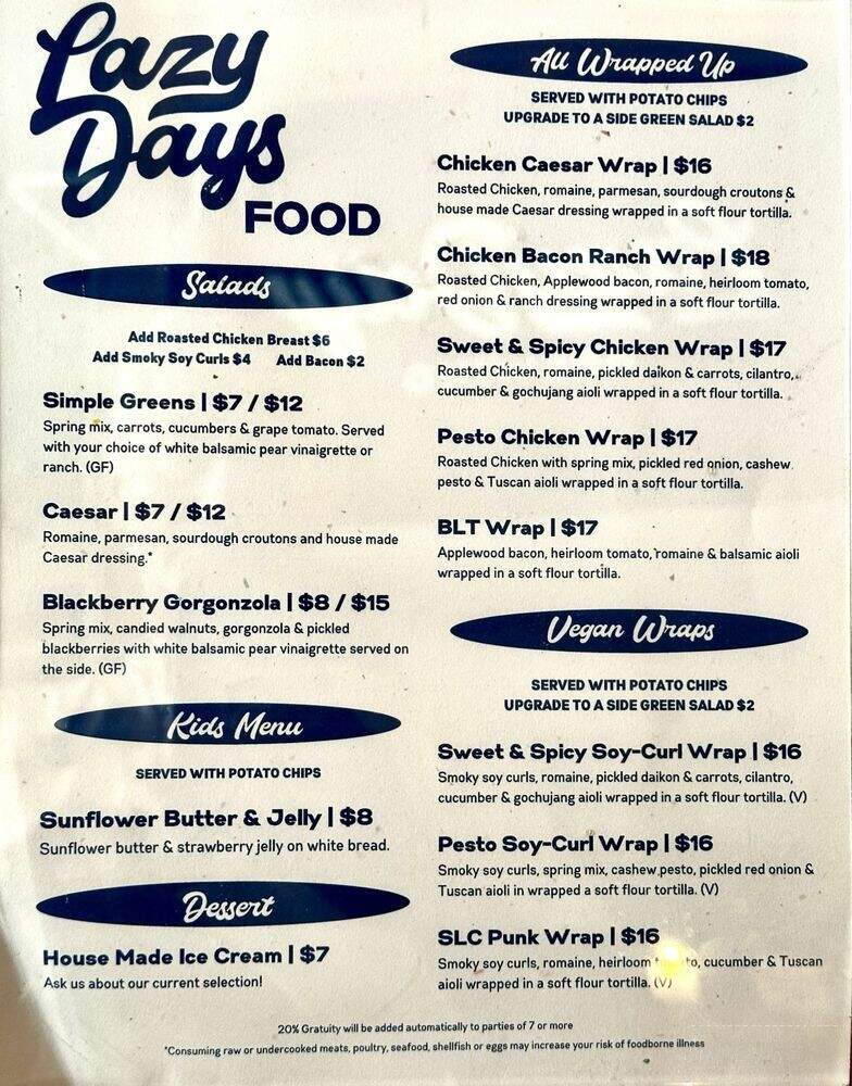 Lazy Days Brewing - Portland, OR menu_pic