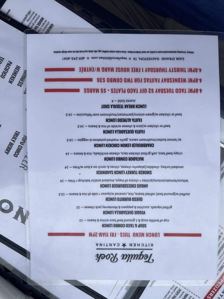 Tequila Rock Kitchen & Cantina - Galveston, TX menu_pic