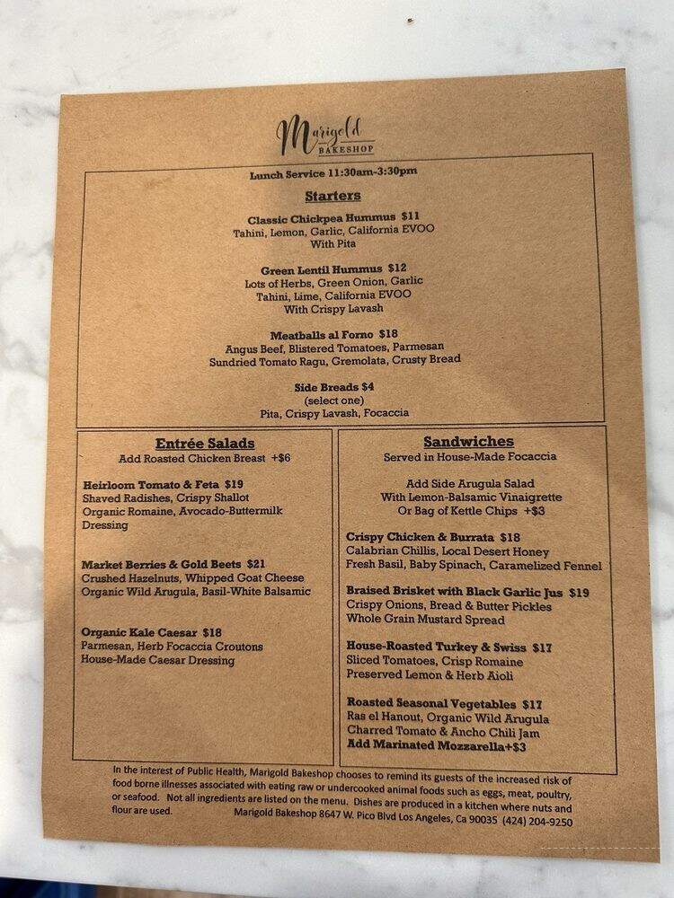 Marigold Bakeshop - Los Angeles, CA menu_pic