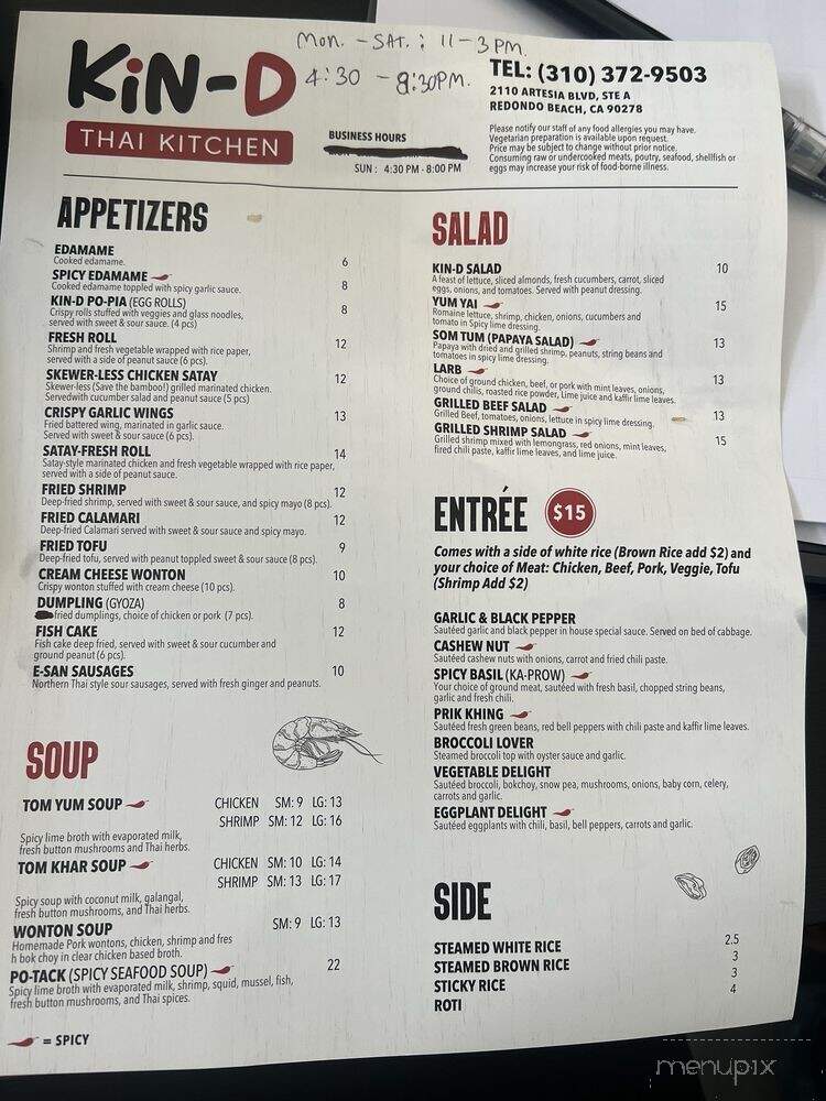 Kin-D Thai Kitchen - Redondo Beach, CA menu_pic