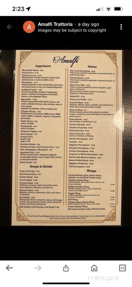 Amalfi Trattoria - Montgomery, NY menu_pic