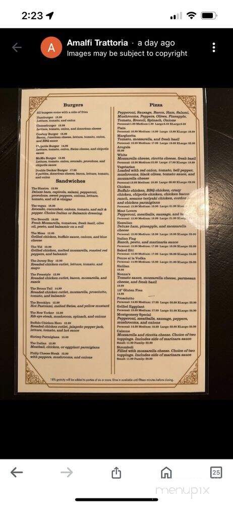 Amalfi Trattoria - Montgomery, NY menu_pic