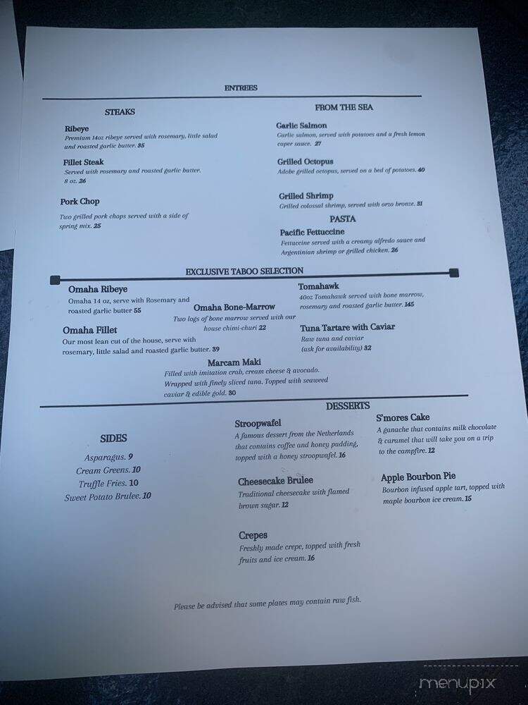 Taboo Restaurant - Odessa, TX menu_pic