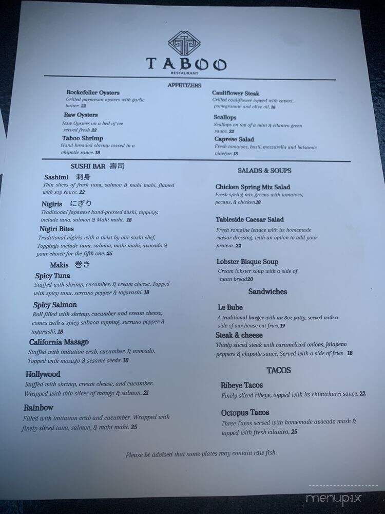 Taboo Restaurant - Odessa, TX menu_pic