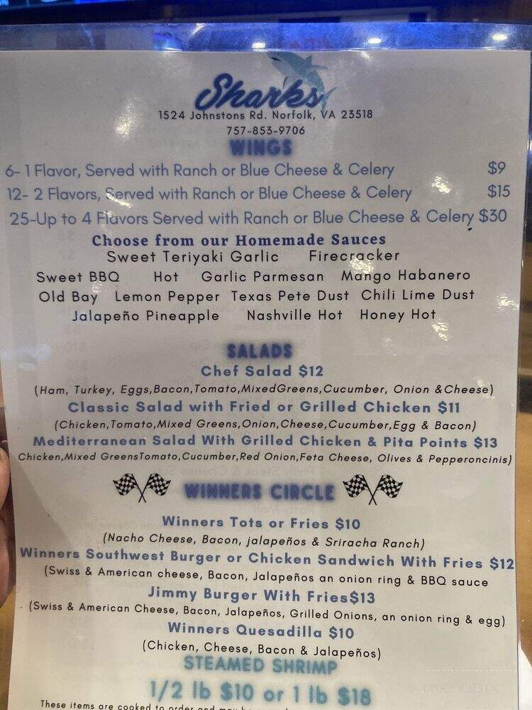 Sharks Sports Bar & Grill - Norfolk, VA menu_pic