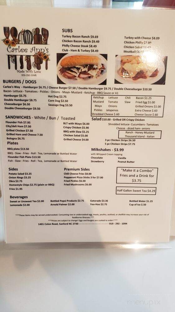 Carlee Ann's - Sanford, NC menu_pic