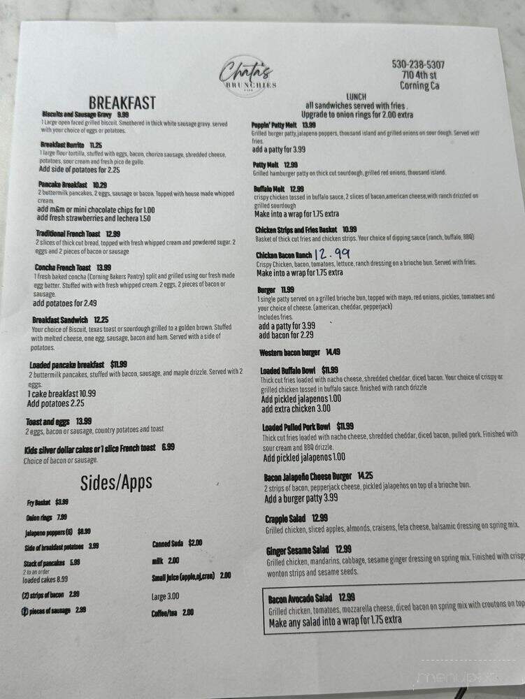 Chata's Brunchie Cafe - Corning, CA menu_pic