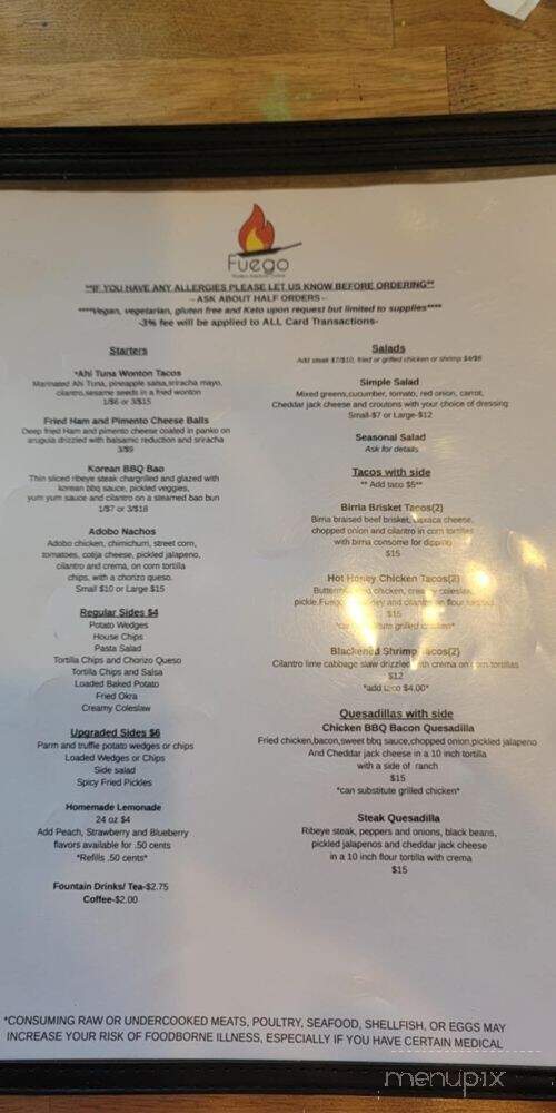 Fuego - Waynesville, NC menu_pic