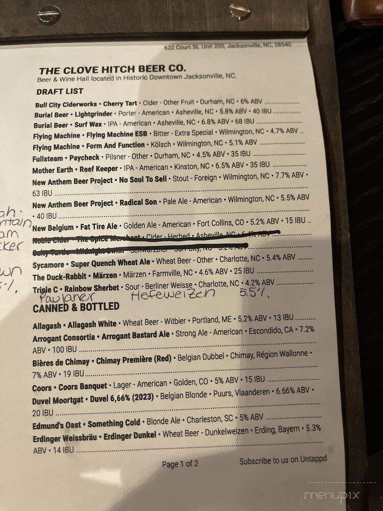 The Clove Hitch Beer Company - Jacksonville, NC menu_pic