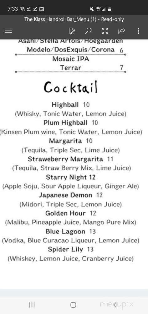 The Klass Handroll Bar - Dallas, TX menu_pic