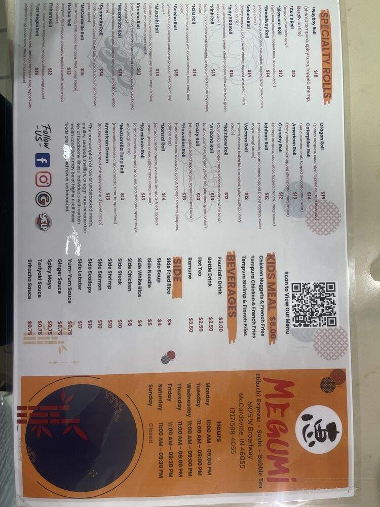 Megumi Hibachi Express, Sushi and Bubble Tea - McCordsville, IN menu_pic