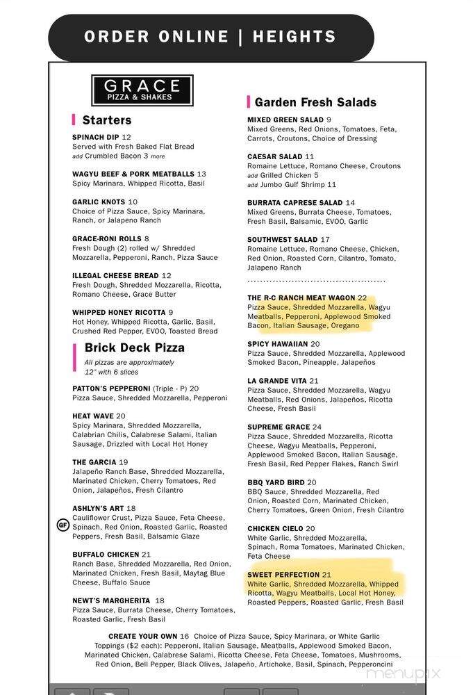 Grace Pizza and Shakes - Houston, TX menu_pic