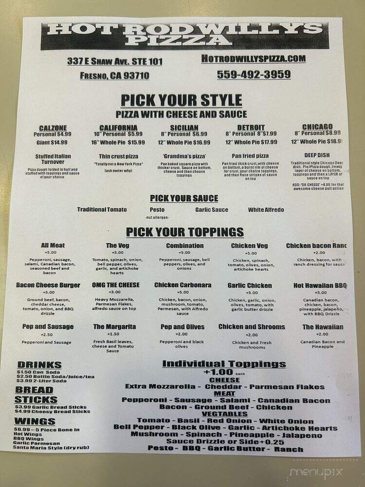 Hot Rod Willy's Pizza - Fresno, CA menu_pic