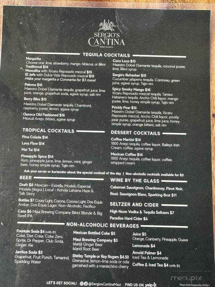 Sergio's Cantina - Lahaina, HI menu_pic
