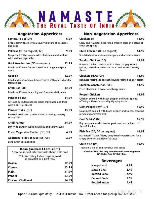 Namaste the Royal Taste Of India - Blaine, WA menu_pic