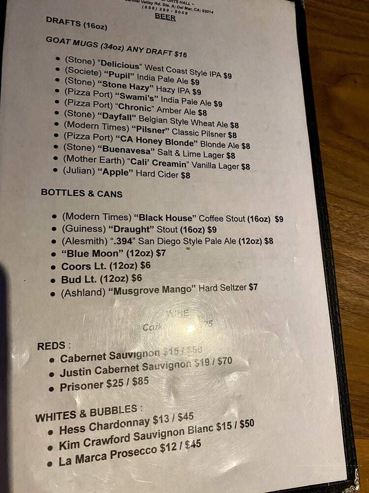 The Goat Sports Hall - Del Mar, CA menu_pic