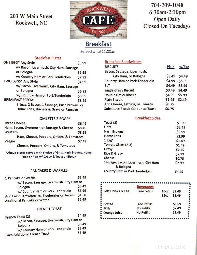 Rockwell Cafe - Rockwell, NC menu_pic