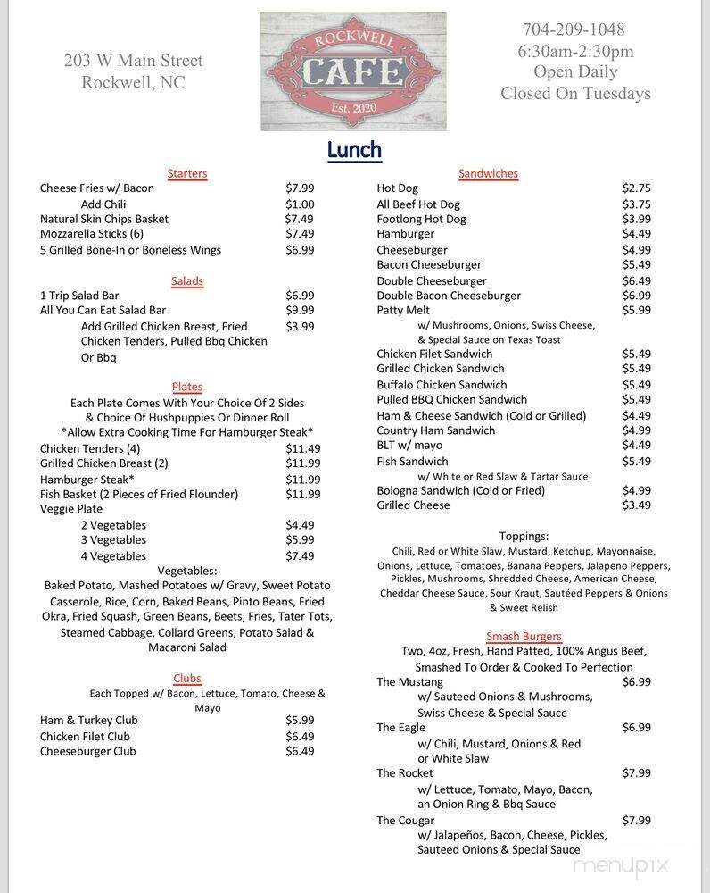 Rockwell Cafe - Rockwell, NC menu_pic