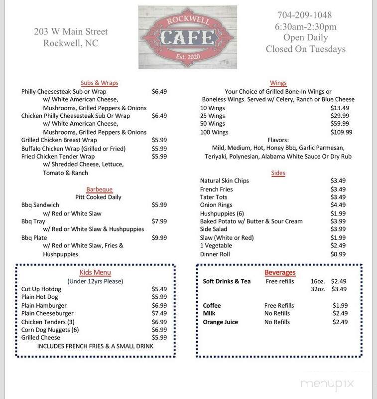 Rockwell Cafe - Rockwell, NC menu_pic