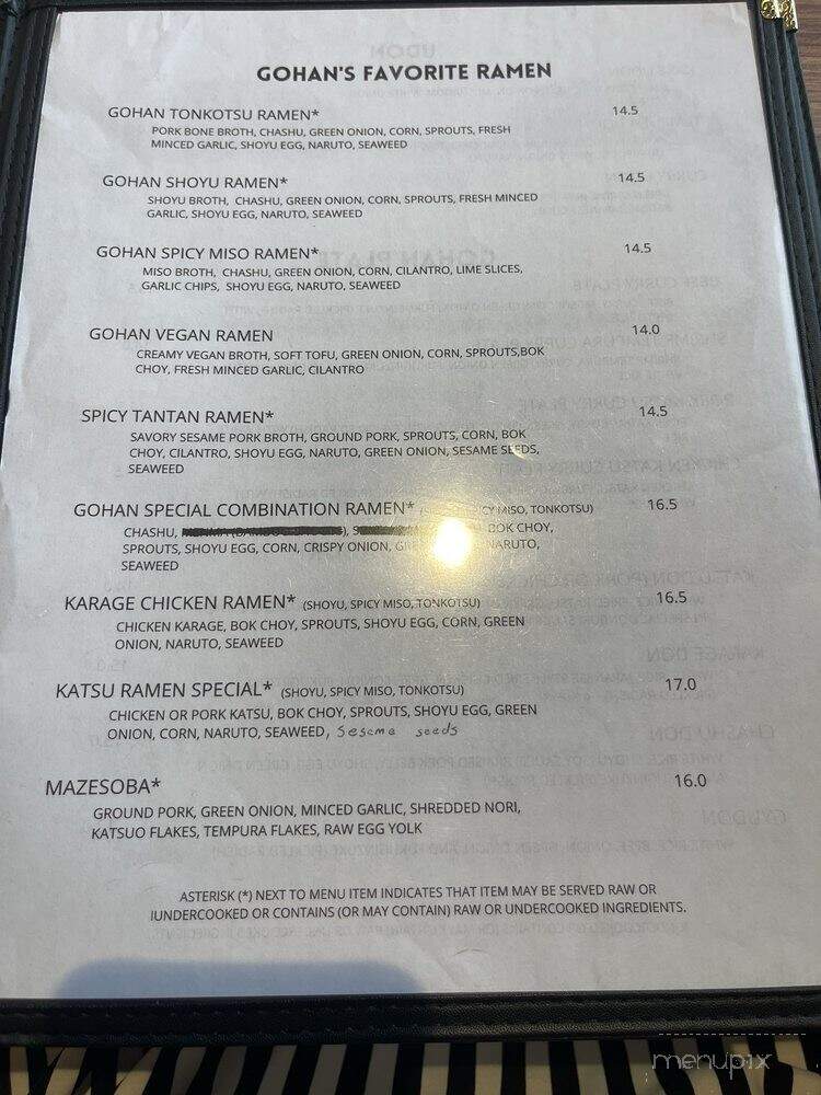 Gohan Ramen Bar - Fayetteville, NC menu_pic