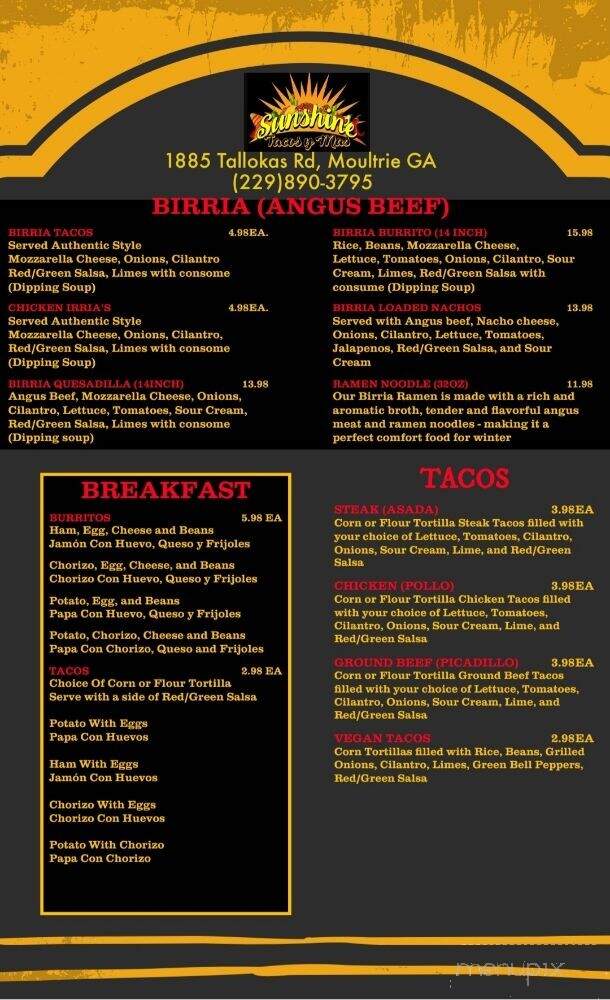 Sunshine Tacos Y Mas - Moultrie, GA menu_pic
