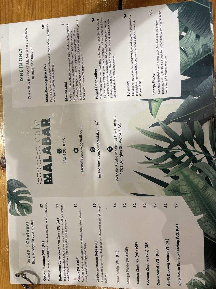 Cafe Malabar - Victoria, BC menu_pic