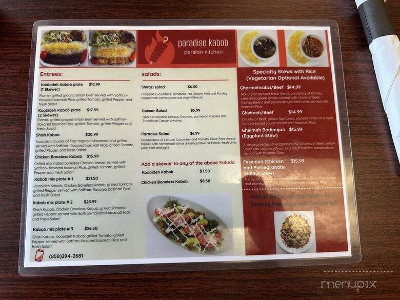 Paradise Kabob - San Diego, CA menu_pic