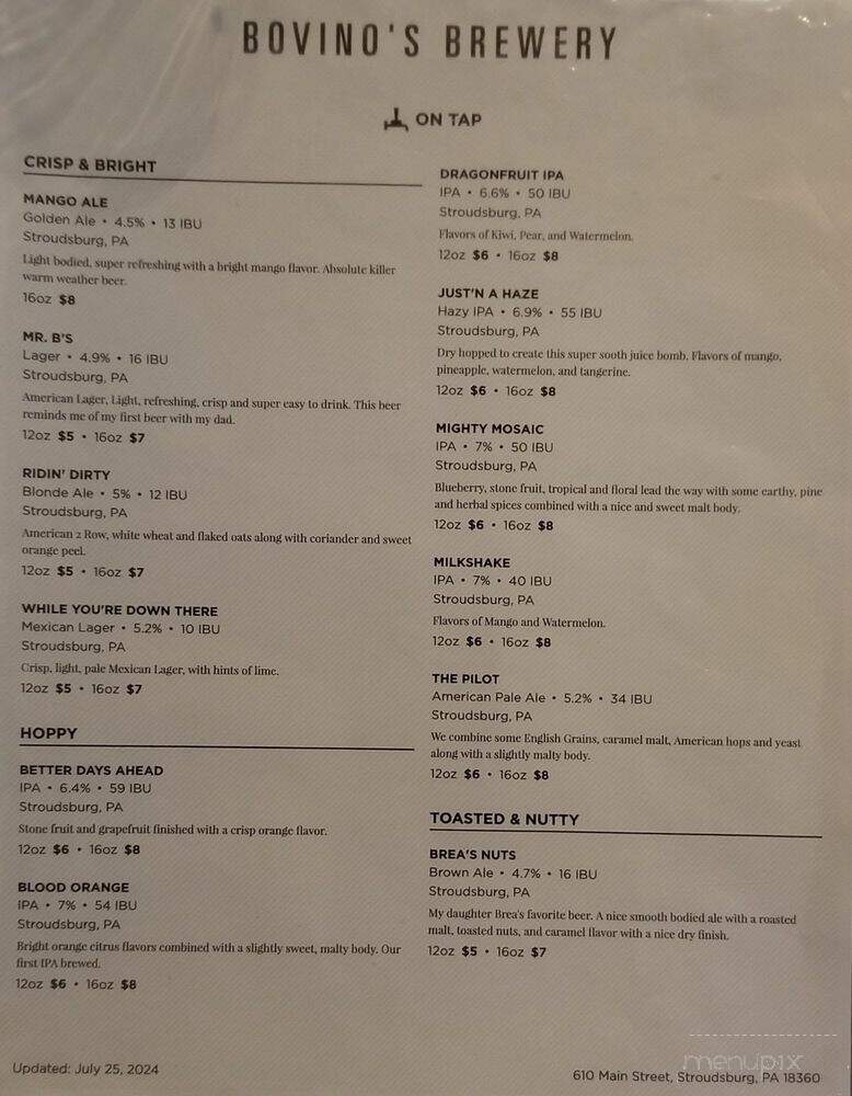 Bovino's Brewery - Stroudsburg, PA menu_pic