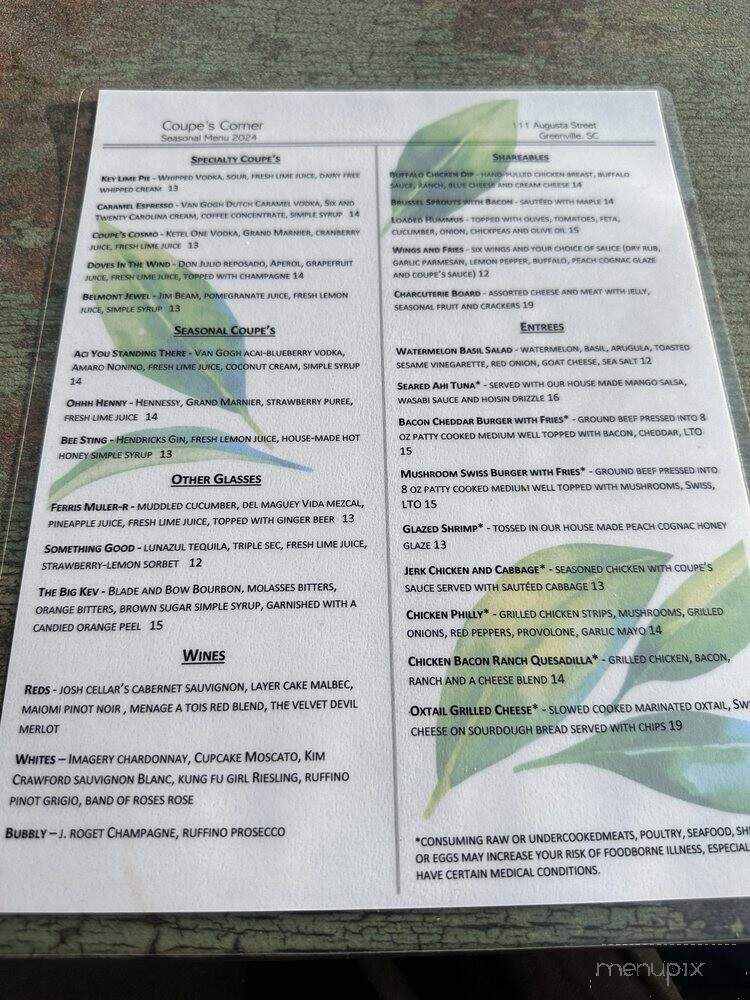 Coupe's Corner - Greenville, SC menu_pic