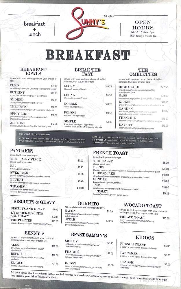 Sunnys Breakfast Lunch - Shelby Twp, MI menu_pic