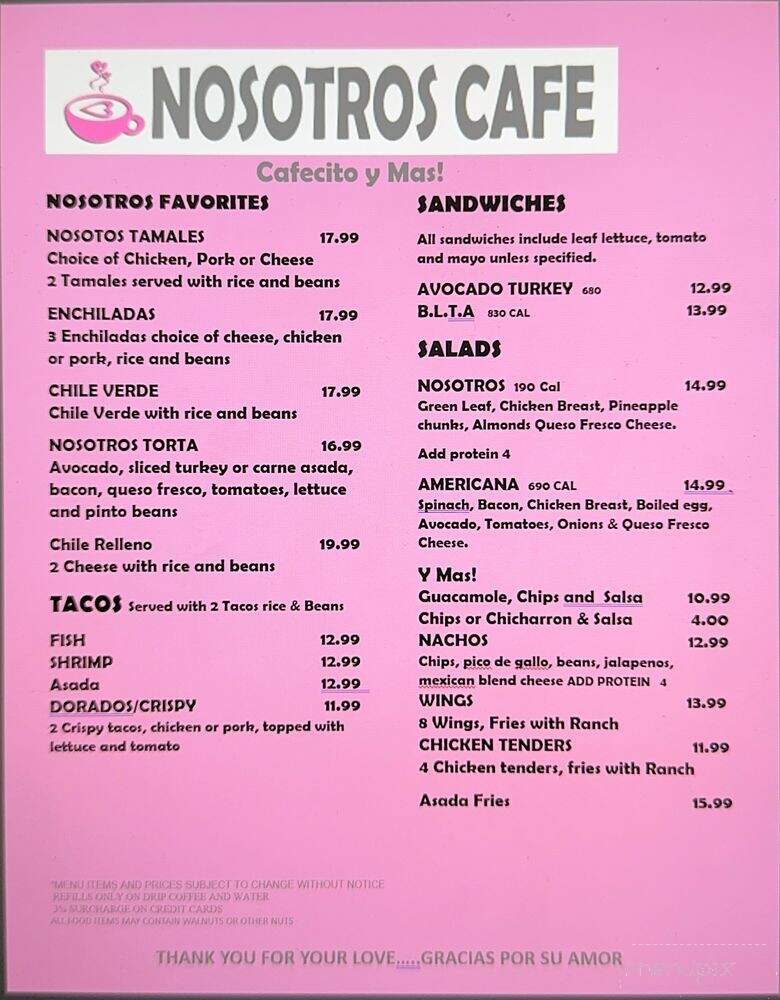 Nosotros Cafe - Banning, CA menu_pic