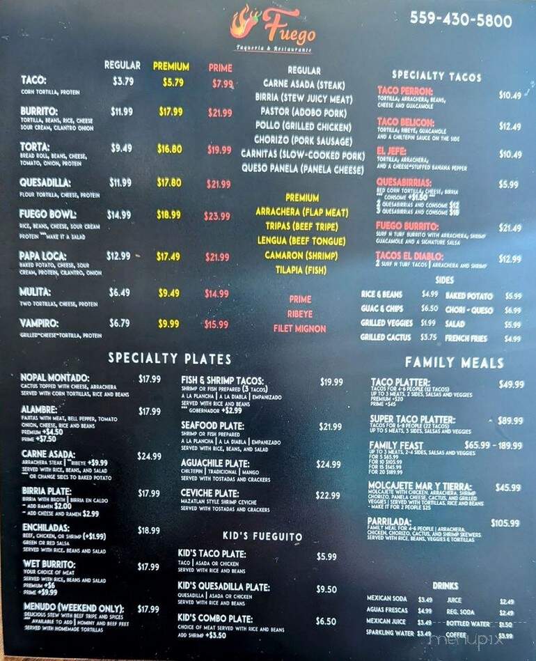 Fuego Taqueria & Restaurante - Fresno, CA menu_pic