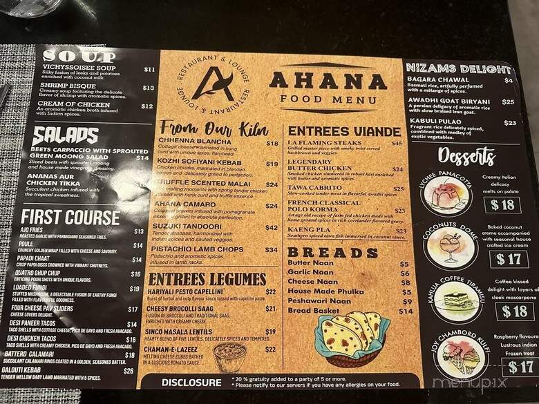 Ahana Restaurant - Anaheim, CA menu_pic
