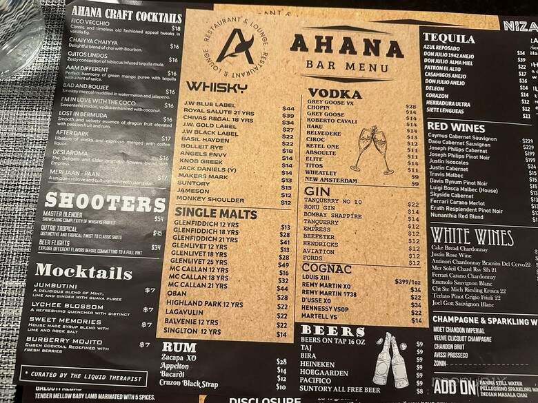 Ahana Restaurant - Anaheim, CA menu_pic