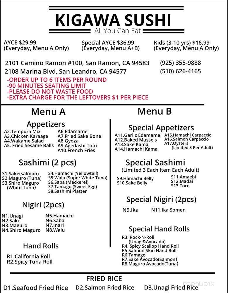 Kigawa Sushi - San Ramon, CA menu_pic