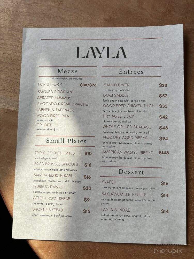 Layla Restaurant - Santa Monica, CA menu_pic