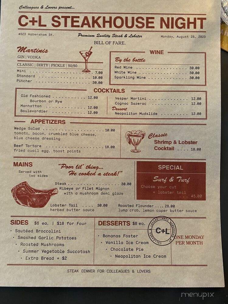 Colleagues & Lovers - Savannah, GA menu_pic