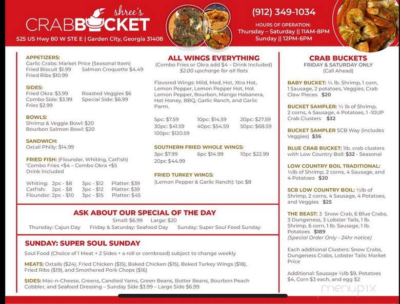 Shree's Crab Bucket - Savannah, GA menu_pic