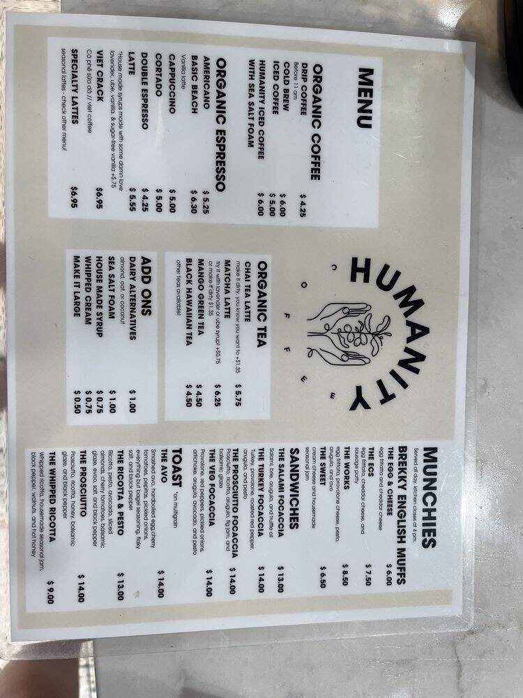Humanity Coffee - Newport Beach, CA menu_pic