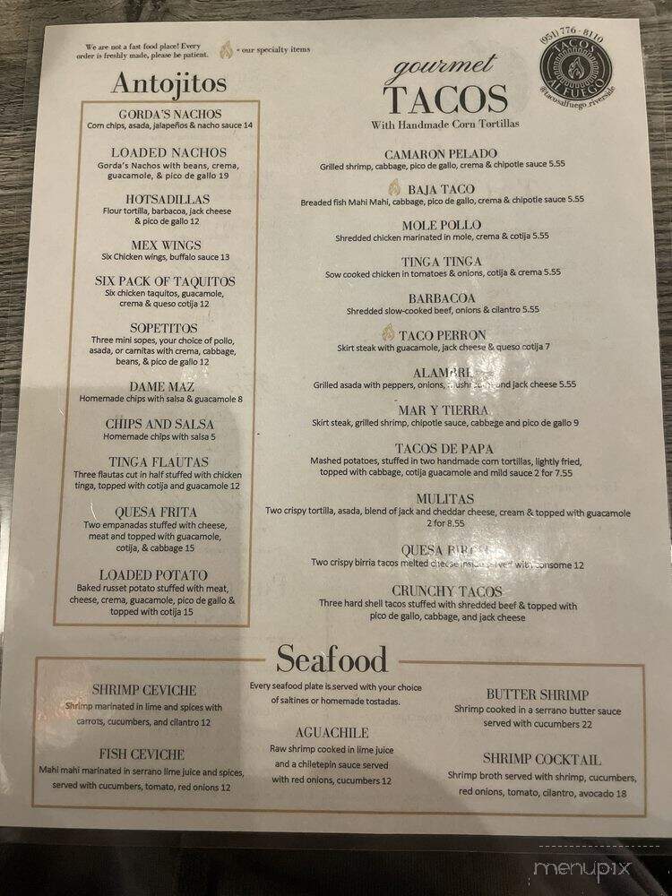Tacos Al Fuego - Riverside, CA menu_pic