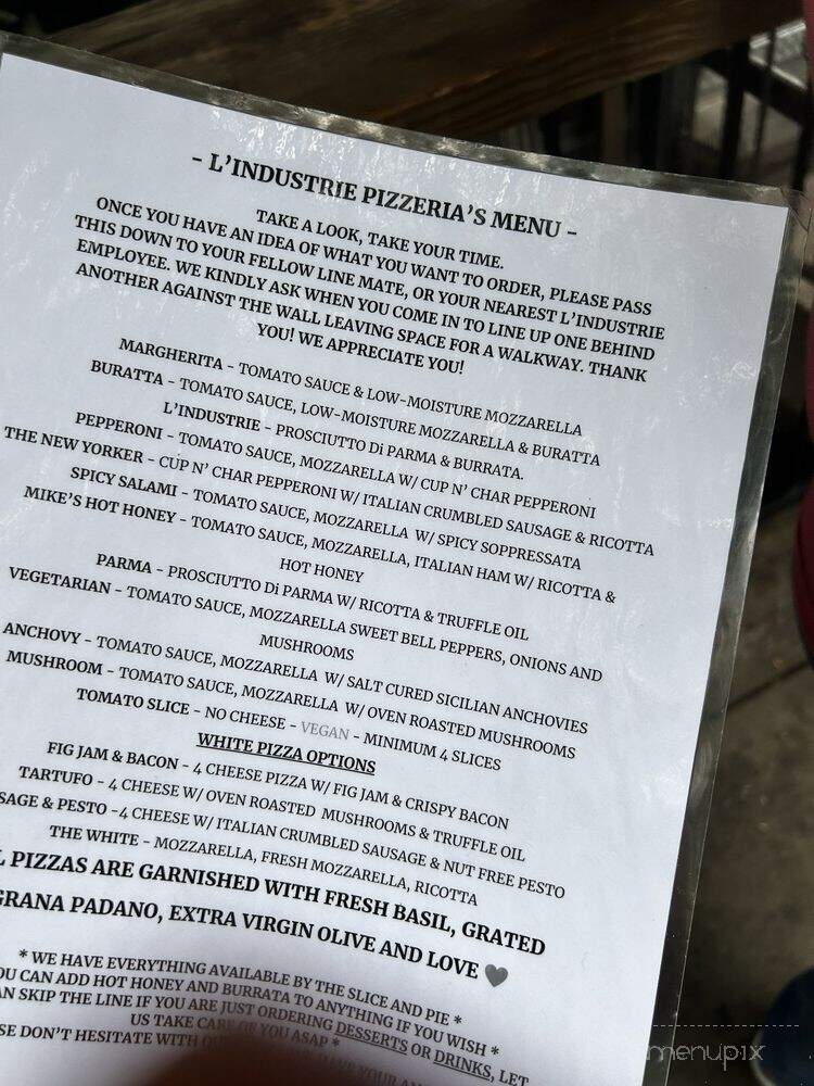 L'industrie Pizzeria - New York, NY menu_pic