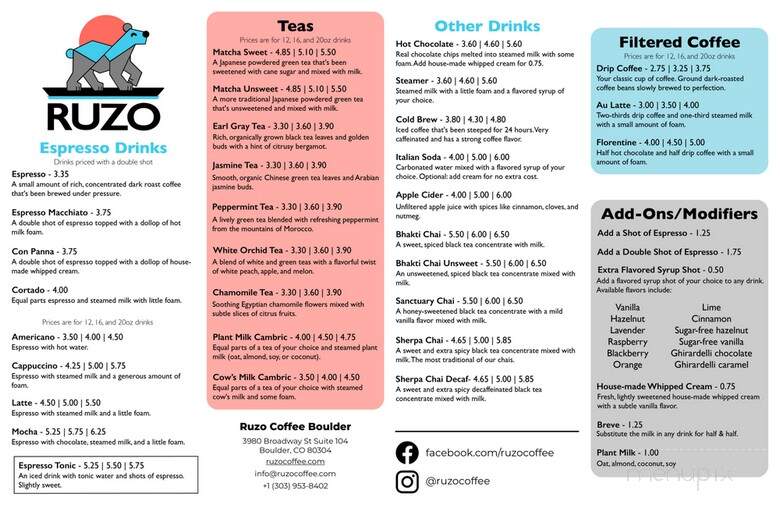 Ruzo Coffee - Boulder, CO menu_pic