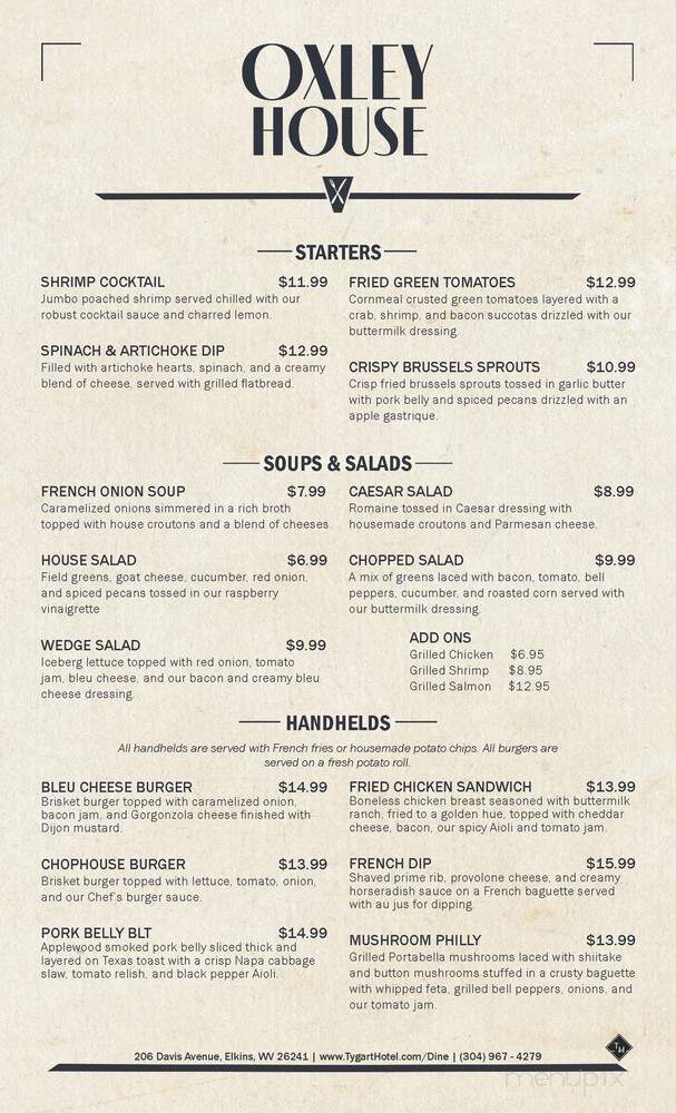 Oxley House | Cocktail Bar & Restaurant - Elkins, WV menu_pic