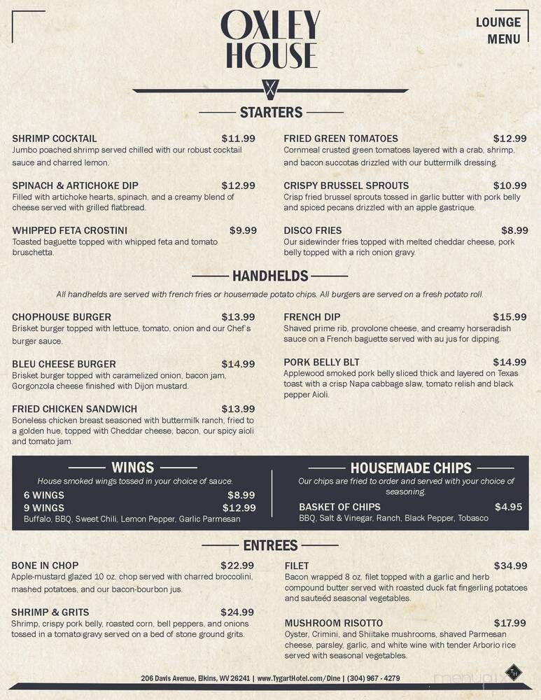 Oxley House | Cocktail Bar & Restaurant - Elkins, WV menu_pic